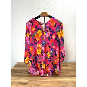 Dear Scarlett Pink Floral Print V Neck 3/4 Sleeve Tunic Top XL Made in Cambodia